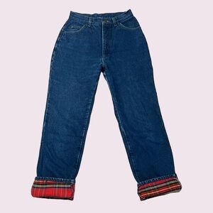 Dark Blue Denim Jeans with Red Plaid Cuff